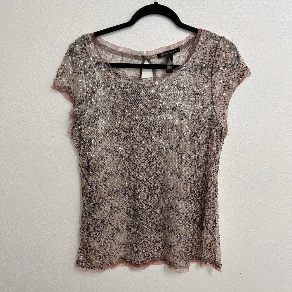 INC International Concepts Top M Snakeskin Print Mesh Sequin‎ SS Size L Camisole